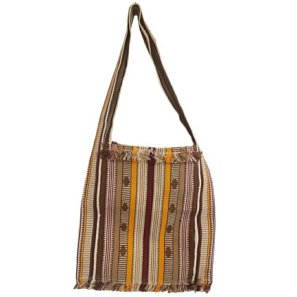 Boho Cloth striped shoulder bag Brown Gold Beige with fringe